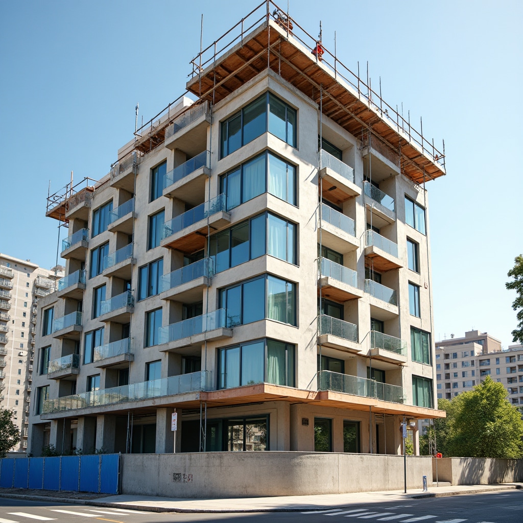 Advanced construction phase with completed building structure and exterior finishing work