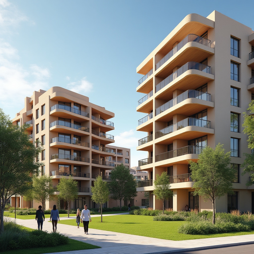 Modern residential architecture in Córdoba showing contemporary apartment buildings with balconies and green spaces