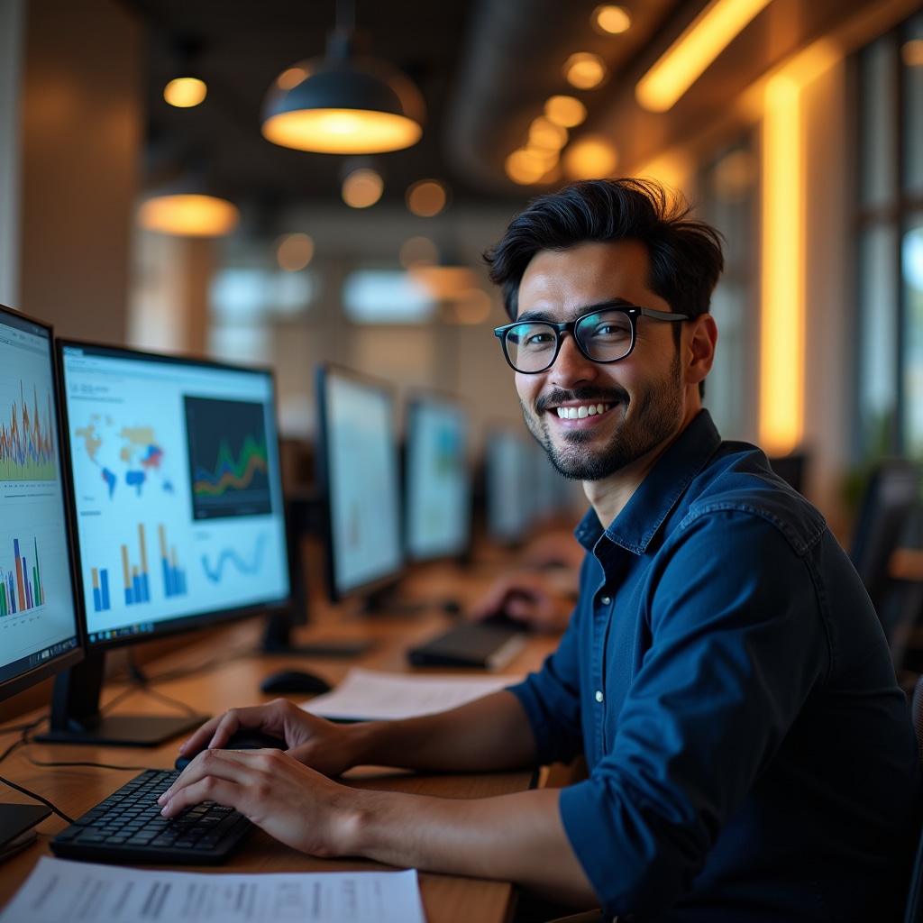 Young professional man with glasses working on data analysis at a computer workstation
