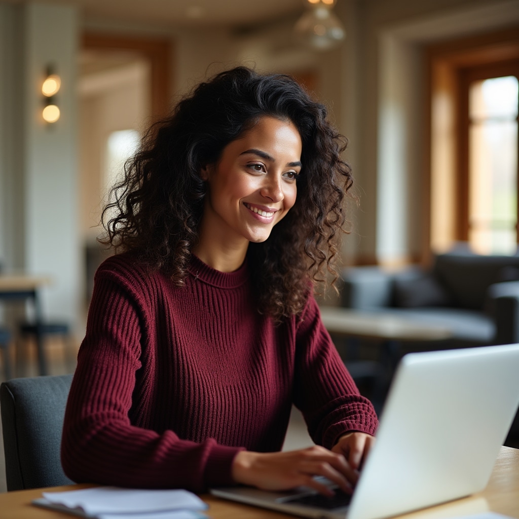 Professional woman with curly hair editing content on a laptop in a bright office environment