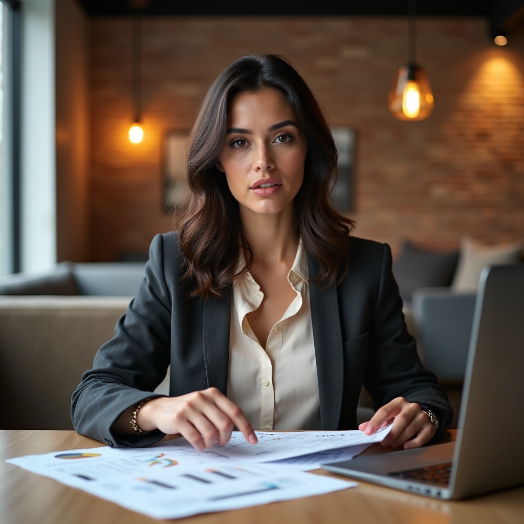 Professional woman in her late twenties with dark hair reviewing documents at a modern desk